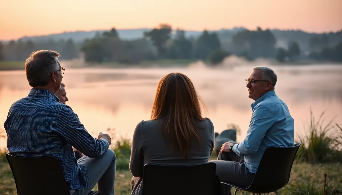 At dawn, a small group of executives engages in a peaceful brainstorming session by a scenic lake. The soft morning mist and pastel colors of the sunrise create a tranquil atmosphere, enhancing the serenity of the retreat. Selective focus captures their animated expressions while gently blurring the calming natural backdrop. This centered composition symbolizes connection and collaboration amidst the beauty of nature, emphasizing the importance of leadership in an inspiring setting.