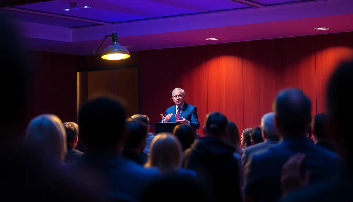 A leader passionately delivers a motivational speech, illuminated by the warm glow of a tungsten lamp. The tilt-shift effect creates a unique miniature look, focusing on the speaker while softly blurring the eager audience. Rich colors enhance the scene's vibrancy, embodying the energy of the moment. This image captures the power of communication and inspiration in leadership.