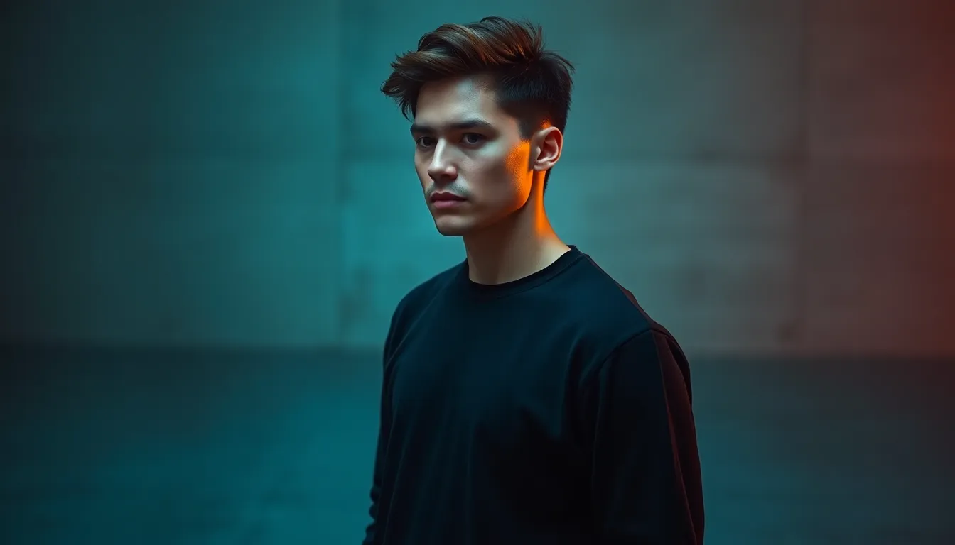 This striking portrait captures a confident leader in a studio setting. The dramatic teal and orange lighting enhances the subject's features and the polished concrete background provides a contemporary feel. The carefully controlled lighting and shallow depth of field bring focus to the subject's expression, exuding confidence and determination, ideal for leadership visuals.