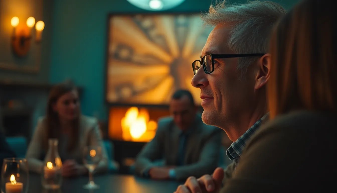 Engaging Leadership Discussion by Firelight In a cozy meeting room illuminated by the warm glow of firelight, a leader passionately engages their team in meaningful discussion. The flickering shadows create a dynamic and inviting atmosphere as they lean forward, fully engaged with their audience. The image captures not only the warmth of the setting but also the intensity of the connection made in leadership moments. The unique perspective adds to the dynamism of the scene.