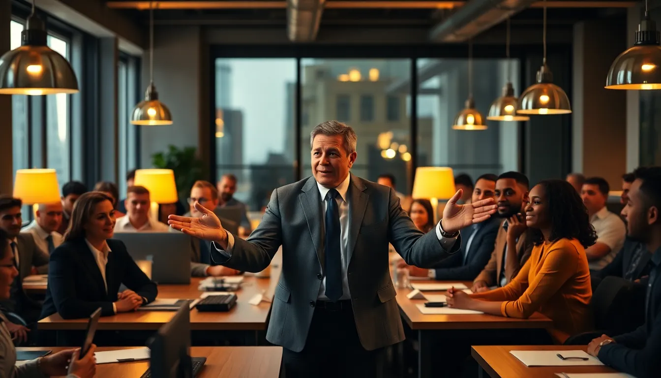 Diverse Professionals Networking at Event This engaging image depicts a lively networking event where diverse professionals connect and share ideas. Warm tungsten lighting bathes the scene, enhancing the inviting atmosphere. With focus maintained throughout the frame, viewers can appreciate the energy and interactions among the attendees. The color palette blends warm golds with cool blues, symbolizing the fusion of creativity and professionalism. The composition captures the essence of dynamic networking, inviting onlookers into this vibrant interaction.