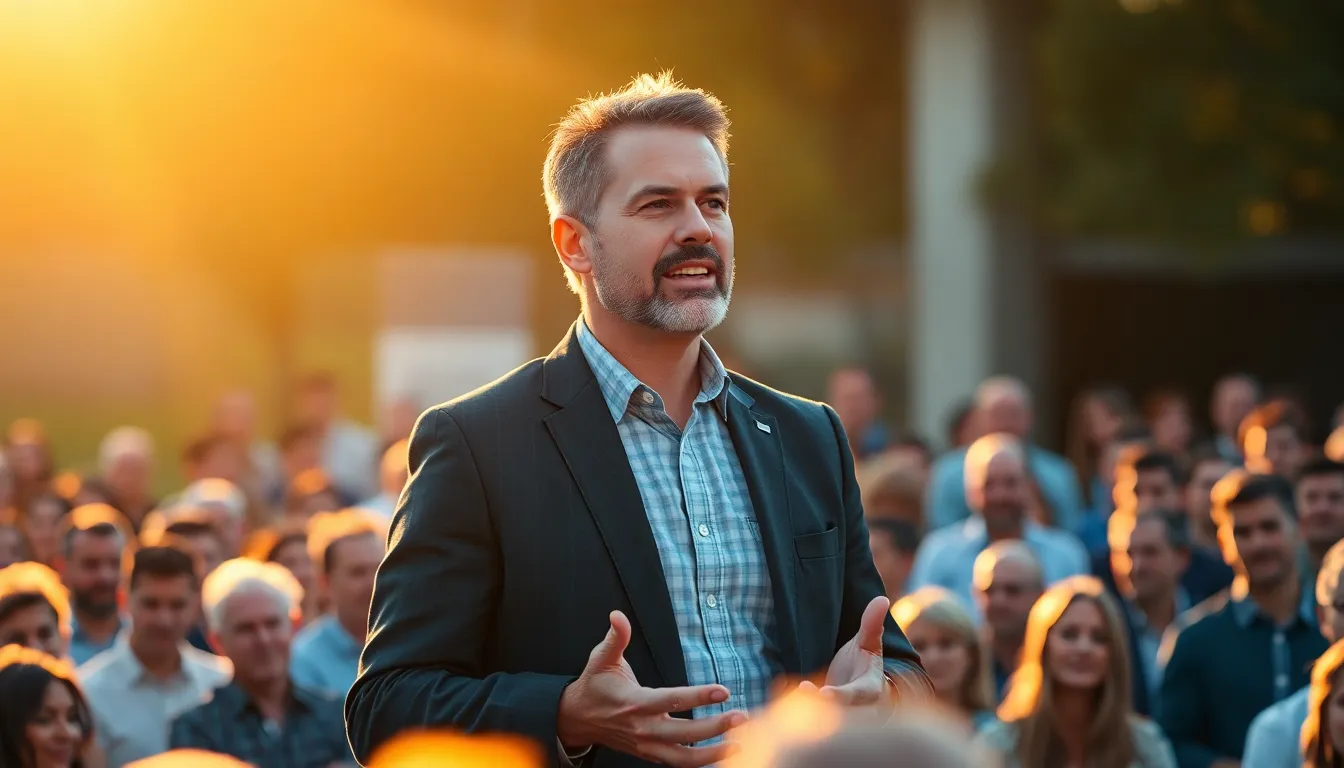 Inspirational Male Leader at Outdoor Summit