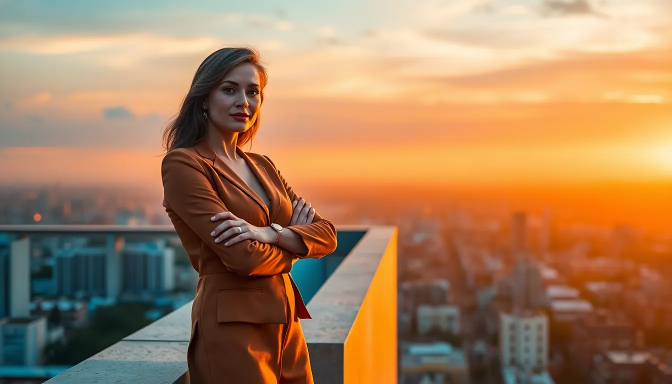 This striking image features a confident female leader standing on a rooftop terrace, arms crossed as she gazes over a vibrant cityscape during sunset. The golden hour light enhances the colors, creating a dramatic contrast between the warm tones of the sky and the cool city below. The sharpness of the foreground and background highlights her commanding presence within the urban landscape. Perfect for articles on leadership and urban development, it captures the essence of determination and vision.
