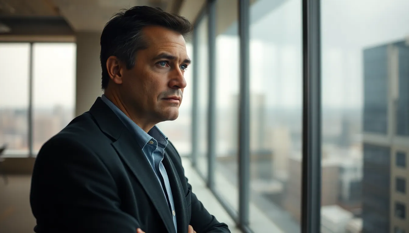 An executive lost in thought gazes out of a high-rise office window, with the soft, diffused daylight creating an intimate atmosphere. The muted colors of the scene add to the contemplative mood, while the selective focus draws attention to his eyes, suggesting depth and introspection. The reflection of the cityscape in the glass adds layers to the composition, embodying the challenges of leadership.