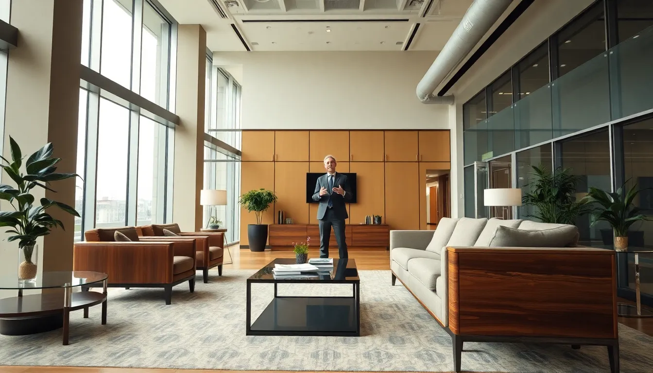 This image portrays a senior executive delivering a compelling presentation in a modern office setting. The overcast daylight creates soft, even lighting, enriching the textures of polished wood and sleek glass. The composition is dynamic, with leading lines guiding the viewer's gaze toward the speaker, whose confident stance and engaging demeanor capture attention. The muted color palette adds an air of professionalism, making this image ideal for business leadership contexts.