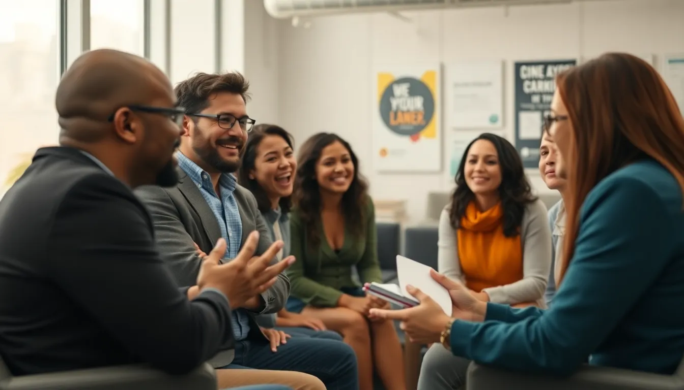 A confident business leader stands in a modern office, dressed in a tailored navy suit, engaging with colleagues. Natural light pours through large windows, casting a soft glow on their face. The background features contemporary decor, creating a professional atmosphere. The warm earth tones and polished textures enhance the feeling of ambition and collaboration in the workspace.