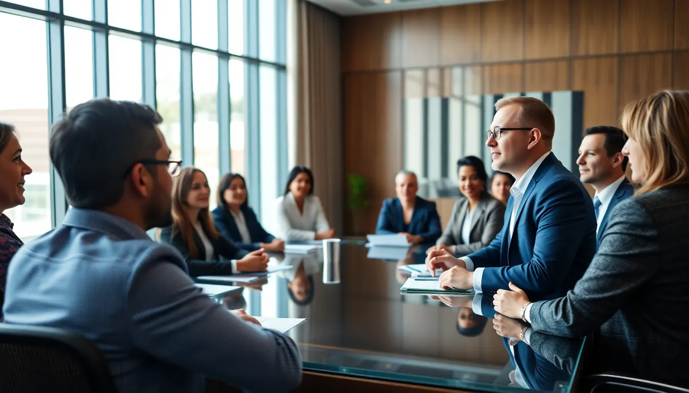 This image depicts a vibrant business meeting with a diverse group of professionals engaged in discussion. Natural light floods the modern conference room, enhancing the warm wood and glass textures. The mood is energetic and collaborative, highlighted by the focused expression of the speaker. The use of cool and warm tones creates visual harmony, while the composition emphasizes the dynamic interaction among the participants.