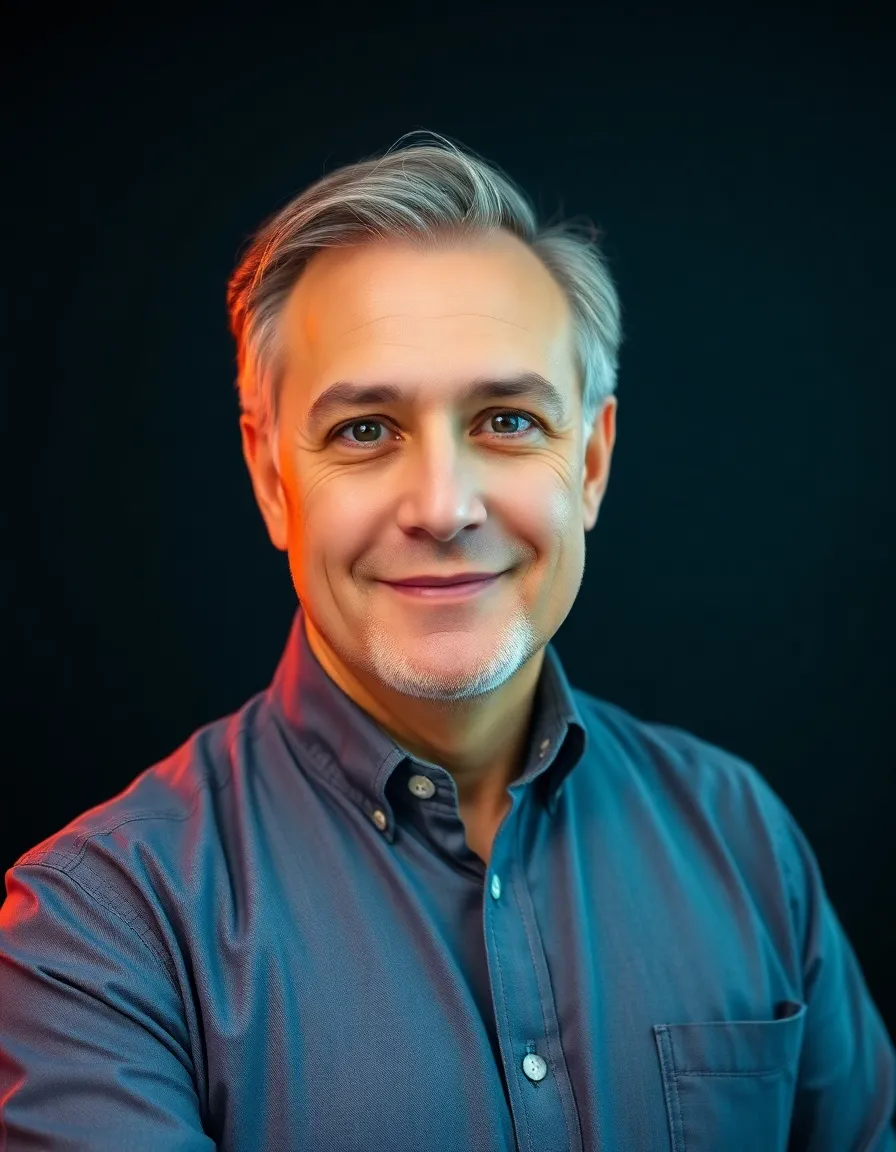 This striking studio portrait features a confident male entrepreneur dressed in smart casual attire, captured with meticulous detail. The soft butterfly lighting highlights his facial features with vibrant catchlights in his eyes, set against a dark background that enhances his presence. The cinematic teal and orange color grading adds depth and emotion, making this image perfect for themes related to entrepreneurship and confidence in leadership.