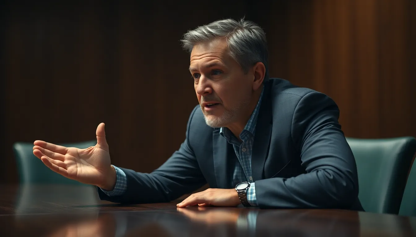 Passionate Male Leader in Boardroom This dynamic image captures a passionate middle-aged male leader in a boardroom setting, illuminated by dramatic lighting that accentuates his features and expressions. Leaning forward with energy, he gestures towards a project, embodying enthusiasm and authority. The rich color palette of browns and greens enhances the atmosphere of seriousness and creativity. The shallow depth of field directs the viewer’s focus to his determined face, while the blurred background provides context to the leadership environment.