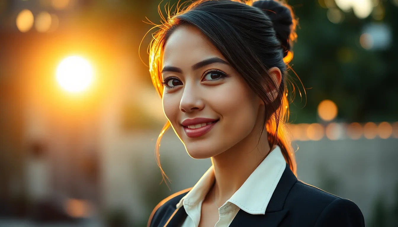 A thoughtful leader stands at the edge of a cliff during golden hour, gazing into the distance as the sun sets. The warm light creates a halo effect around them while the landscape below fades into a dreamy haze. This moment of reflection highlights leadership qualities like vision and contemplation, set against a breathtaking backdrop.