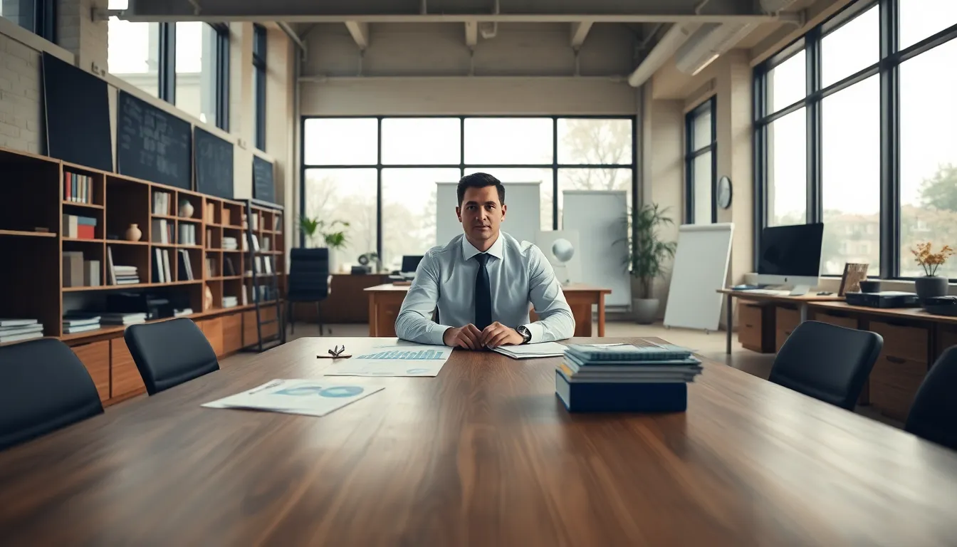 Strategic Planning in a Modern Office A business leader engages in strategic planning at a modern office desk, surrounded by charts and reports. The overcast daylight creates a soft, diffused ambiance that emphasizes the calm yet focused atmosphere of the workspace. Natural textures from the wood enhance the scene, while the leader's attentive expression conveys their commitment to successful outcomes. This setting captures the essence of leadership in action.