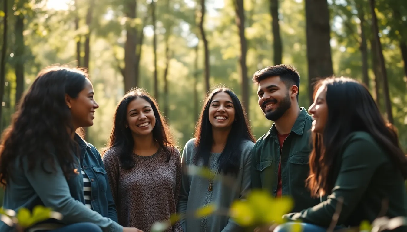 This lively image shows a diverse group of young leaders engaged in a collaborative workshop during a team-building retreat in a serene forest setting. Dappled sunlight creates a magical atmosphere, enhancing their joyful expressions as they share ideas. The use of natural colors and a centered composition emphasizes the theme of teamwork and inspiration in leadership.