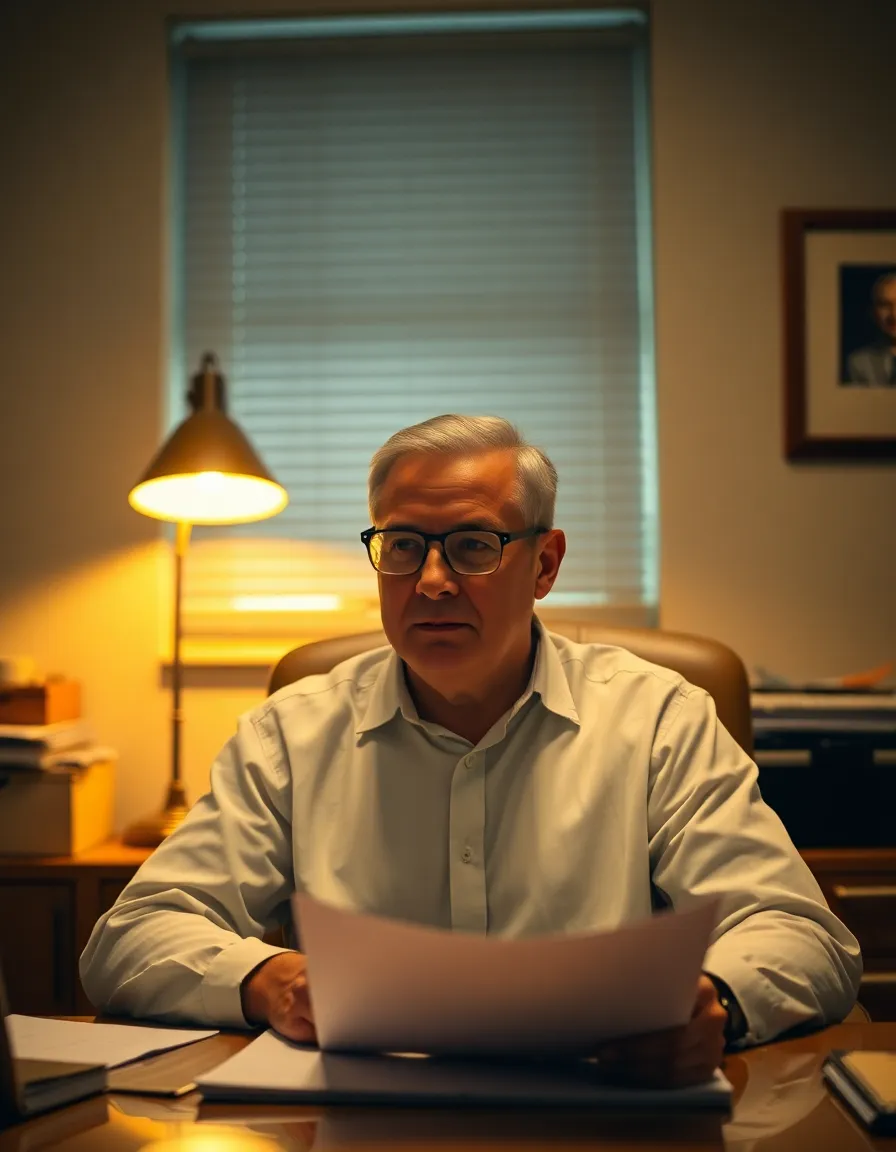 An entrepreneur is immersed in work at a rustic wooden desk, illuminated by a warm tungsten lamp that casts inviting shadows. The scene captures a moment of intense focus, with notes and a laptop scattered around him, reflecting his commitment to leadership and creativity. The warm color palette enhances the cozy atmosphere, making it relatable and inspiring. This image portrays the dedication and drive essential for successful leadership.