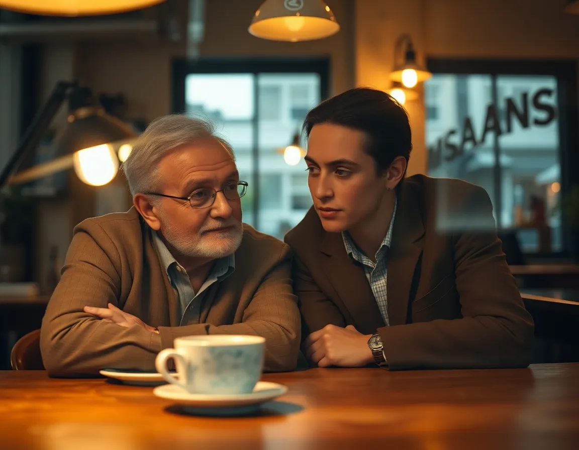 This image beautifully captures a moment of mentorship between a seasoned professional and a young mentee in a cozy coffee shop. The warm lighting and earthy color palette create an inviting atmosphere, showcasing the significance of guidance in leadership. The intimate composition evokes feelings of connection and learning, making it a lovely representation of personal growth and mentorship.