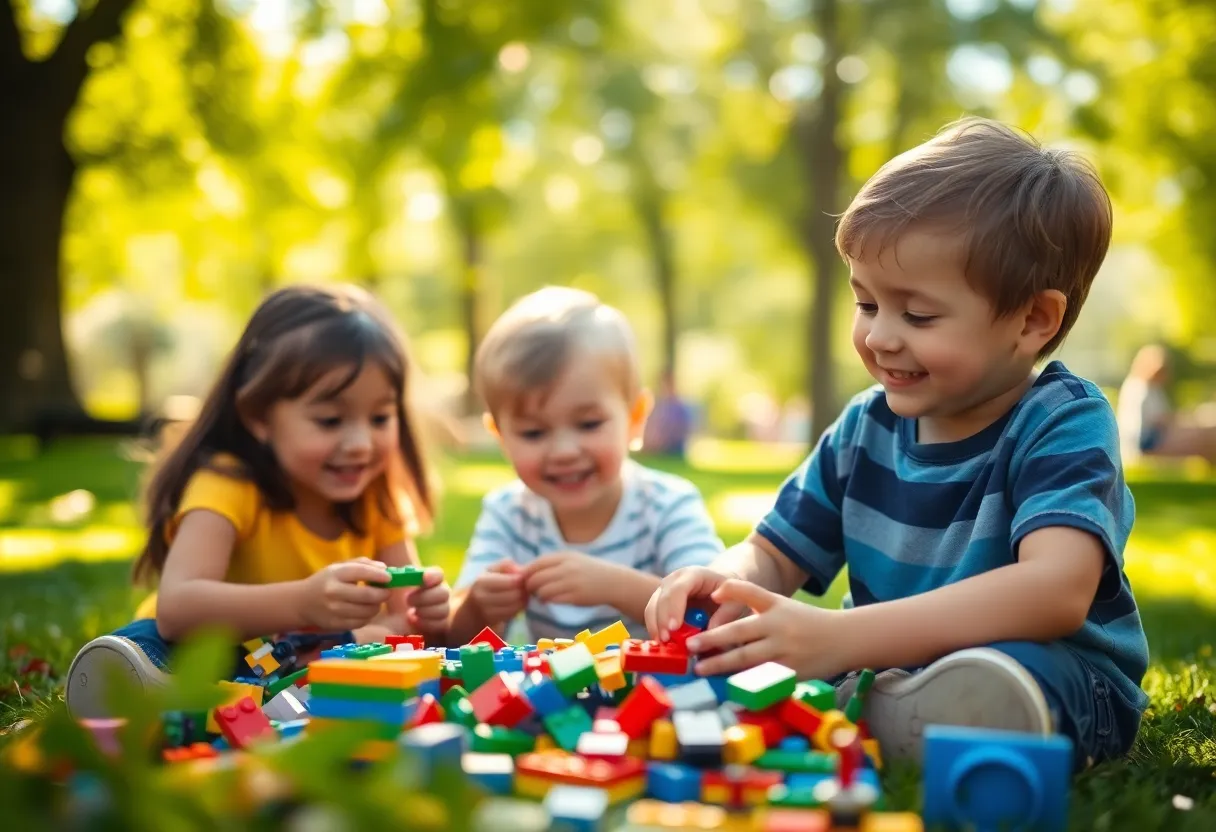 Children Playing with Lego in Sunlit Park