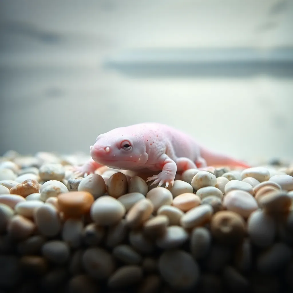 Serene Axolotl in an Aquarium Setting This captivating image features a shy axolotl resting gracefully on a bed of smooth pebbles in a tranquil aquarium tank. Bathed in natural light from above, the scene is illuminated with soft reflections dancing on the water's surface. The shallow depth of field at f/1.7 beautifully blurs the surrounding environment, drawing attention to the axolotl's unique pink skin and delicate features. The color palette showcases soft pastels, creating a calming atmosphere that enhances the intricate details of the axolotl. The composition is thoughtfully centered, allowing viewers to fully appreciate the contrast between the smooth pebbles and the axolotl's velvety texture.