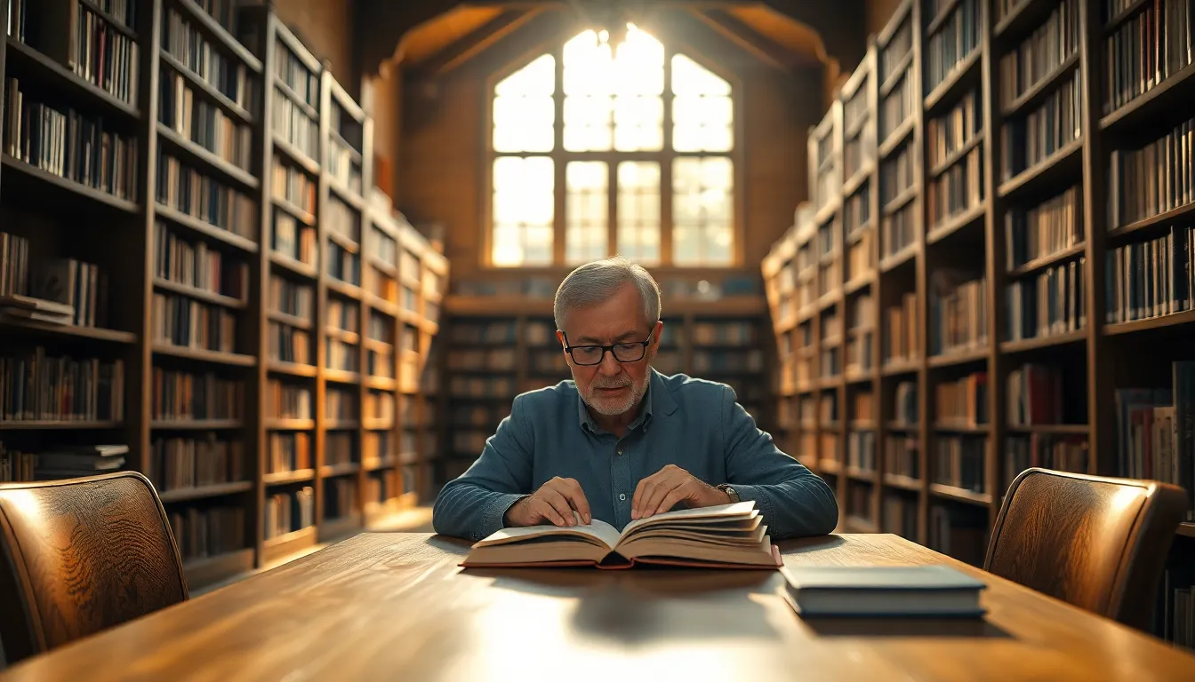 Elderly Man Reading in Cozy Library