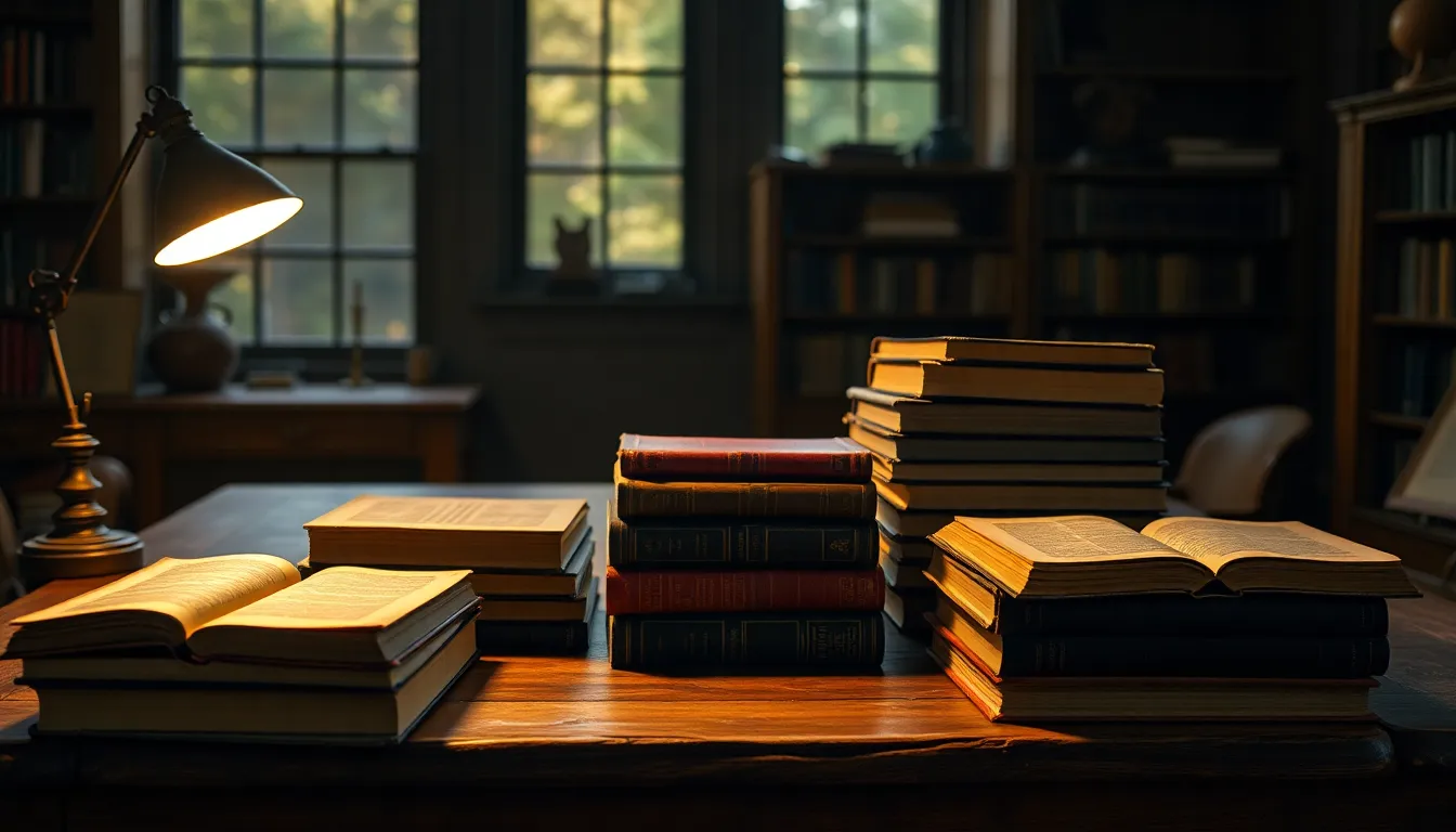 Cozy Library Study Space with Warm Lighting This image depicts an inviting library study space, illuminated by warm tungsten lamps that cast a soft glow on aged oak tables. Stacked leather-bound books create an atmosphere of scholarly comfort, with subtle shadows enhancing the depth of the scene. The warm, muted tones of wood and leather invite viewers into a peaceful evening retreat perfect for reading and studying.