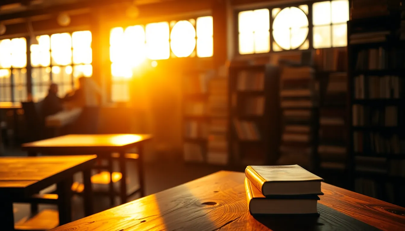 Cozy Library with Warm Sunlight A tranquil library scene bathed in warm golden hour light highlights the natural wood textures of the furniture and the richness of the books. The camera captures a student reading intently, immersed in their study, surrounded by soft bokeh from nearby book stacks. This serene setting evokes a feeling of peace and focus, perfect for learning and reflection, displaying a harmonious blend of colors and textures.