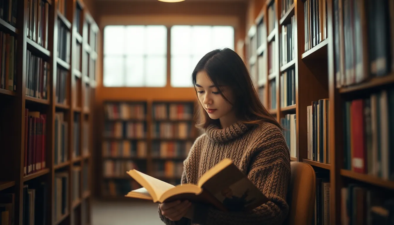 Quiet Library Reading Nook This image showcases a serene library reading nook where a lone reader is lost in a book. The soft, diffused daylight illuminates the wooden floors and creates a warm atmosphere. Towering bookshelves filled with vibrant spines provide a striking backdrop, drawing the viewer’s eye. The overall muted color palette adds to the tranquil and studious mood.