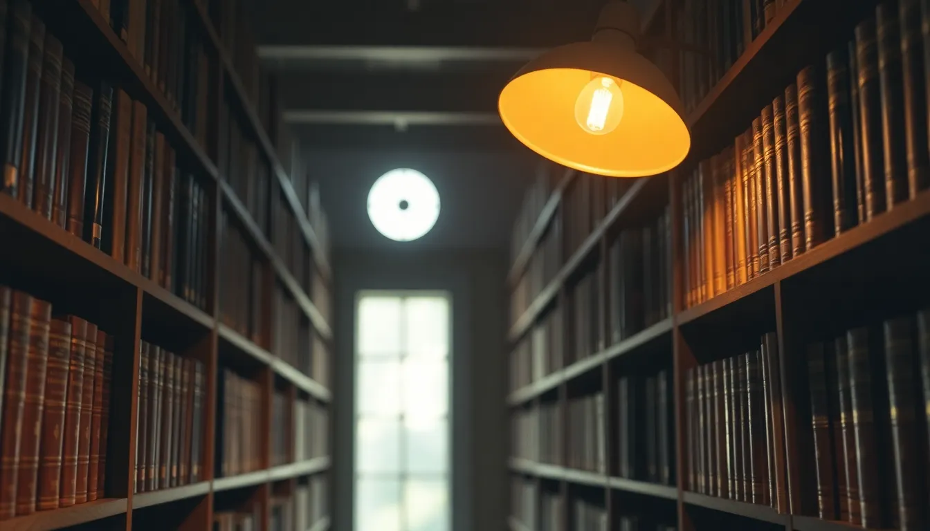 Cozy Library Interior with Bookshelves This inviting image showcases a quaint library interior, featuring warm tungsten lighting that bathes the space in a soft glow. A central bookshelf arrangement leads the viewer's eye, showcasing rich leather-bound books that reflect the warm tones. The soft bokeh in the background adds an element of tranquility, making it a perfect setting for reading or study. The aged wooden shelves contribute to the cozy atmosphere, inviting exploration.