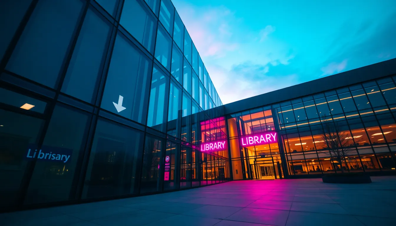 Modern Library Architecture at Twilight A breathtaking shot capturing the dynamic architecture of a modern library against a twilight backdrop. The cool tones of the neon signage reflect off the sleek glass facade, creating an alluring contrast with the deep blues of the evening sky. The hyperfocal depth of field captures all architectural details crisply, while the Dutch angle adds a sense of energy and movement. This image encapsulates the innovative design and modern aesthetics of educational spaces, making it ideal for architectural and educational themes.