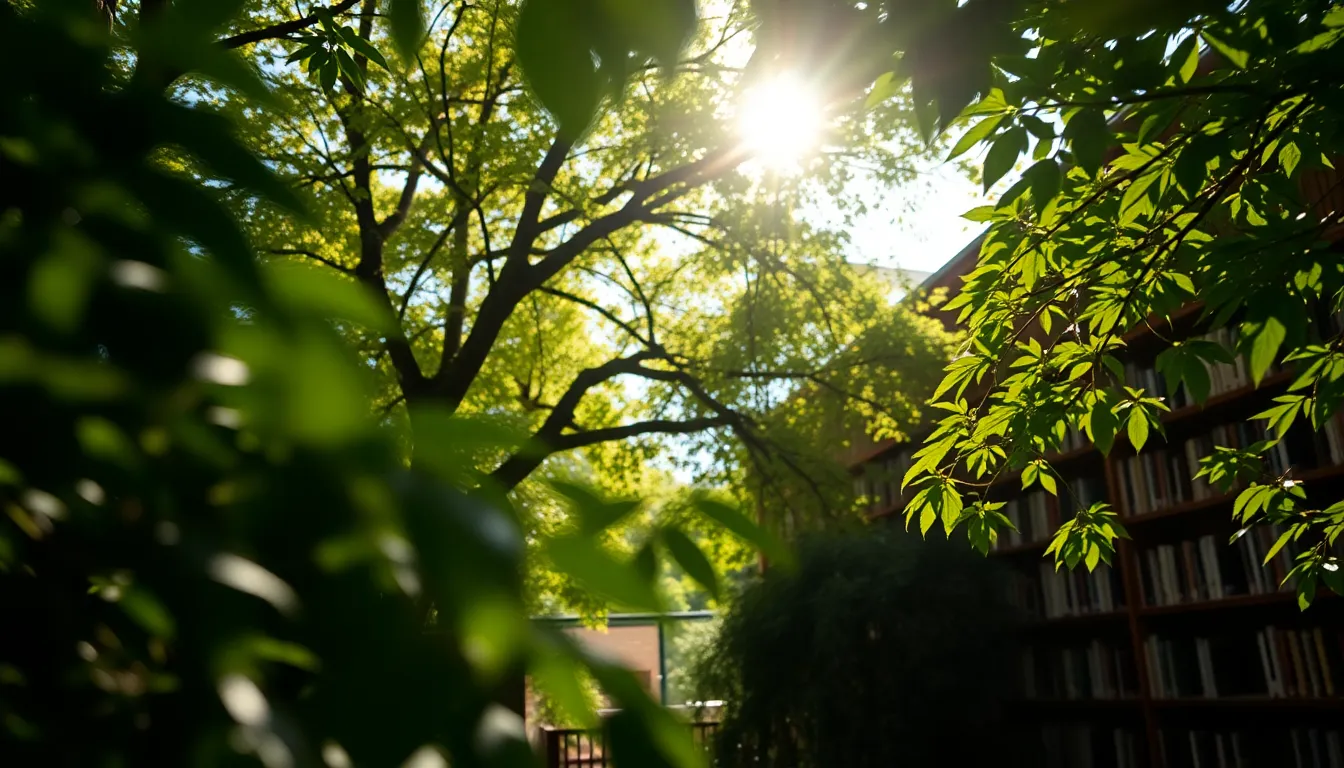 Charming Library Garden A tranquil library garden filled with vibrant greenery, illuminated by dappled sunlight filtering through the tree canopy. The shallow depth of field beautifully isolates the vibrant foliage in the foreground, creating a serene backdrop for reading. The colors are rich and deep, with shades of green and brown, enhancing the peaceful and inviting atmosphere that encourages contemplation and learning.