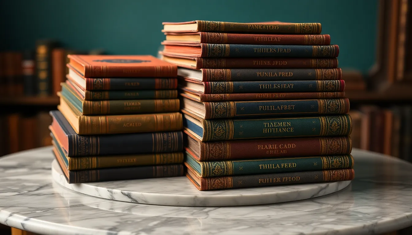Antique Books Display in Library This image features a stunning display of antique books artfully arranged on a polished marble pedestal. The three-point lighting setup accentuates the rich textures of the book spines and their golden embossing. A cinematic color grading adds a sophisticated ambiance, making these vintage treasures come to life. The elegant contrast of the marble pedestal against the intricate details of the books creates a visually captivating scene.