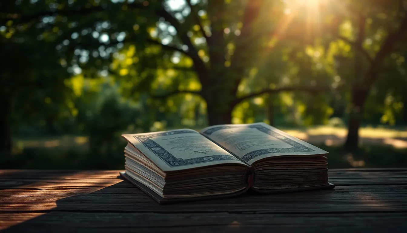 Antique Book on Weathered Oak Table This beautifully composed image presents an antique book resting on a weathered oak table, bathed in dappled sunlight filtering through a nearby tree. The shallow depth of field accentuates the book's ornate cover while the soft bokeh from the tree canopy creates a dreamy backdrop. The rich colors of the scene, intensified by the sun's rays, evoke a sense of nostalgia, inviting viewers to explore the stories within.