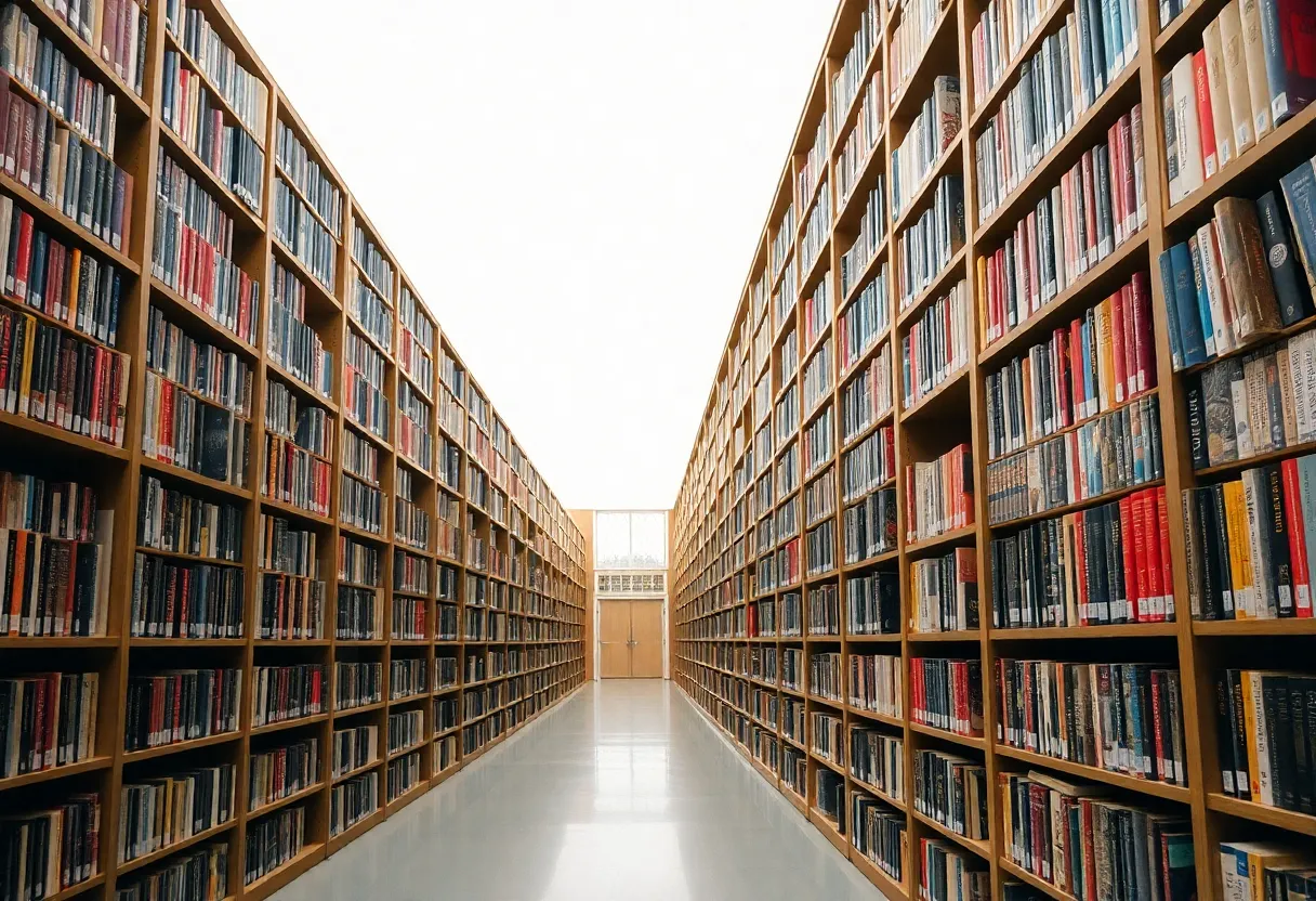 Peaceful Library Hallway with Bookshelves This tranquil image captures a library hallway lined with tall bookshelves brimming with colorful books. Soft, diffused daylight enhances the inviting atmosphere, while the muted earth tones create a peaceful mood. The use of hyperfocal distance ensures all details are sharp, showcasing the architectural beauty of the space. Leading lines from the bookshelves draw the viewer's eye into this serene environment, perfect for contemplation and learning.