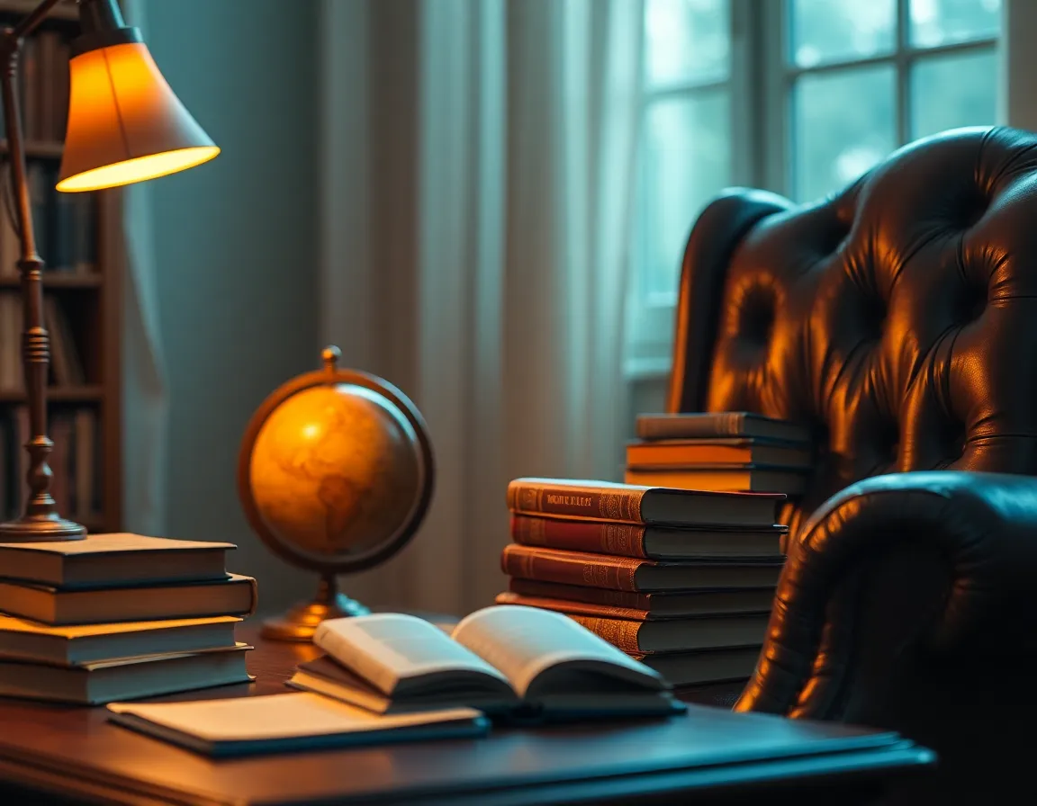 Antique Library with Warm Lighting This antique library scene features a rich leather armchair beside a warm tungsten desk lamp, providing a cozy reading nook. An antique globe and meticulously arranged stacks of classical literature add character and elegance. Cinematic color grading enhances the atmosphere, creating a blend of rich ochres and deep blues. The soft bokeh highlights the inviting textures and details, making it an ideal image for promoting literature and heritage.