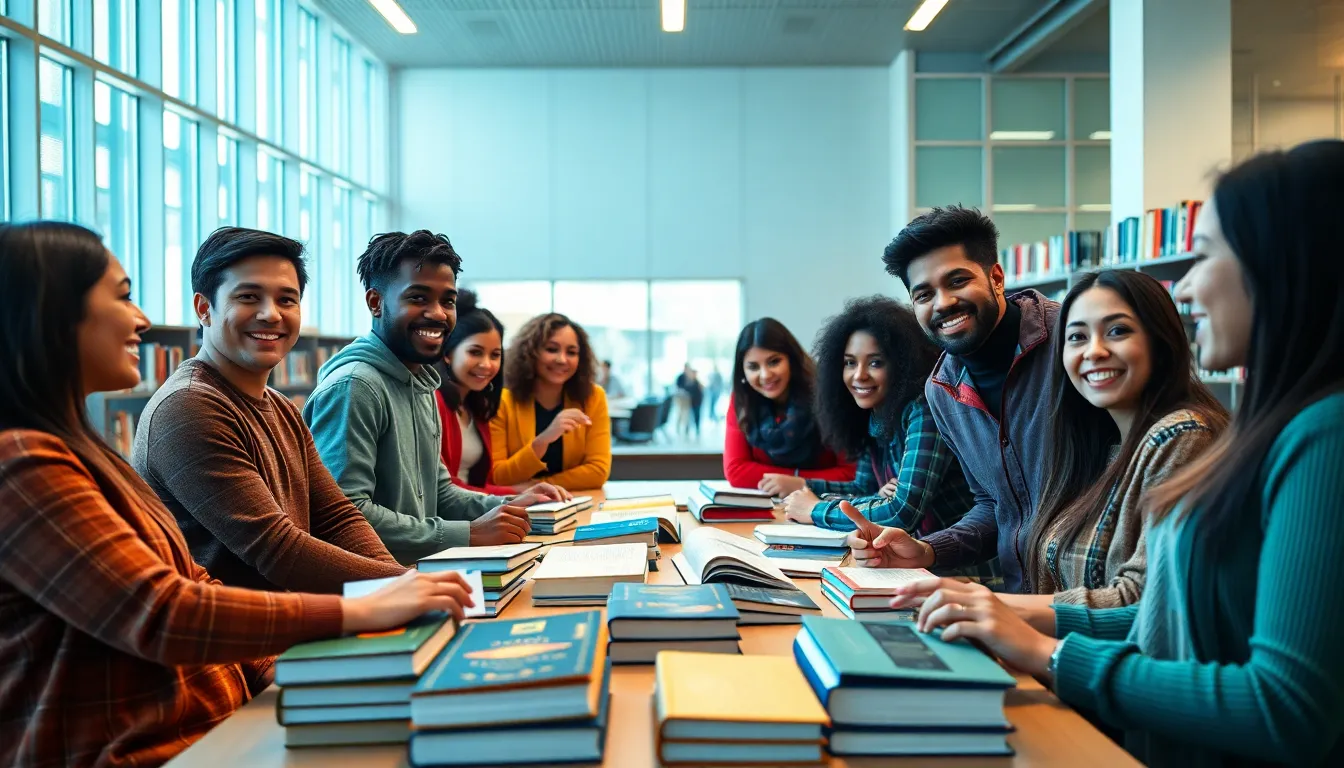 Diverse Students Collaborating in Modern Library This dynamic image features a group of diverse university students collaborating at a table cluttered with books in a contemporary library setting. Bright studio lighting enhances their expressions, illustrating the energy of their discussion. The vibrant color palette and symmetrical composition encourage a sense of community among the students while highlighting the importance of collaboration in education.