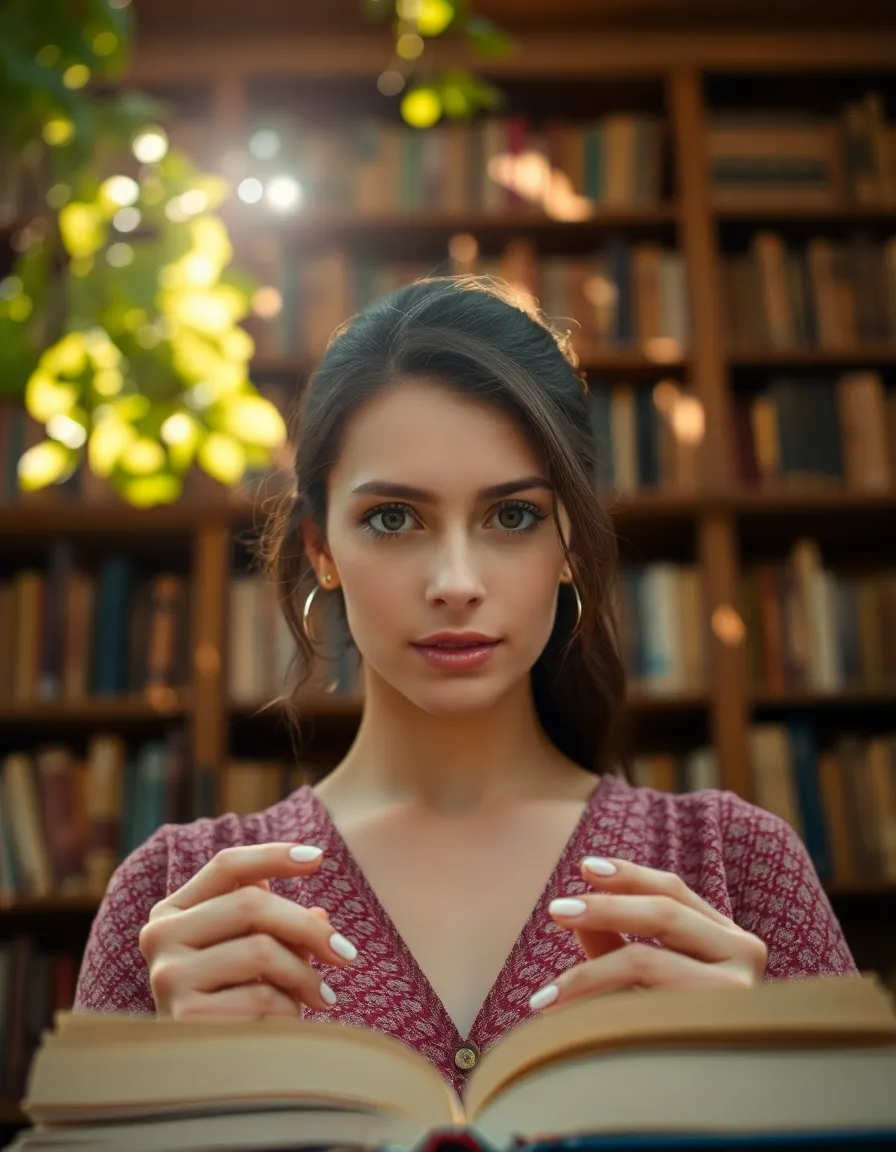 Student Reading in a Serene Library Corner In this serene library corner, a student is deeply engrossed in reading, surrounded by towering wooden bookshelves. Sunlight filters through a nearby window, casting dappled light that creates a warm, inviting atmosphere. The rich textures of the wood and the soft bokeh add depth to the image, making it a perfect capture of quiet study moments in a lively educational environment.