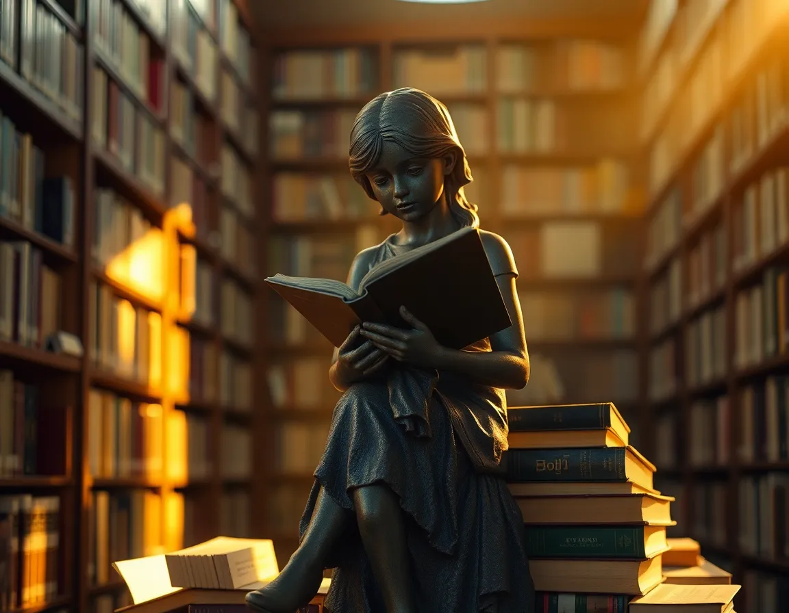 Students Engaged in Library Discussions This image captures a group of students animatedly discussing their projects in a warmly lit library during golden hour. The sunlight streams through large windows, enhancing the cozy ambiance. Leading lines from the bookshelves draw attention to the lively interaction among the students, emphasizing the collaborative spirit of learning. The warm, rich colors create an inviting atmosphere perfect for study and discussion.