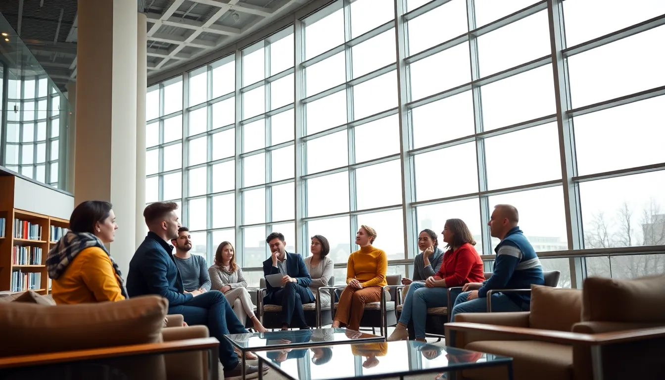 Students Engaging in Discussion at Modern Library This dynamic image captures a group of students deeply engaged in discussion within a modern library setting, illuminated by soft overcast light from large windows. The selective focus highlights the animated expressions of the students while the background fades into soft bokeh. The contemporary design elements like glass and metal surfaces add an elegant touch, contrasting with the warm tones of the students' clothing and the library's atmosphere.