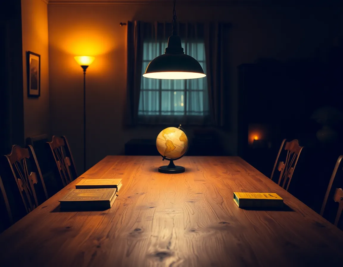 Traditional Library Study Space A traditional library study space featuring a long, weathered oak table, scattered with open books and an antique globe. The warm glow from a tungsten desk lamp creates a cozy, inviting atmosphere. The hyperfocal clarity emphasizes both the foreground details and the ambiance of the bookshelves in the background. This symmetrical composition evokes a sense of timelessness and scholarly pursuit.