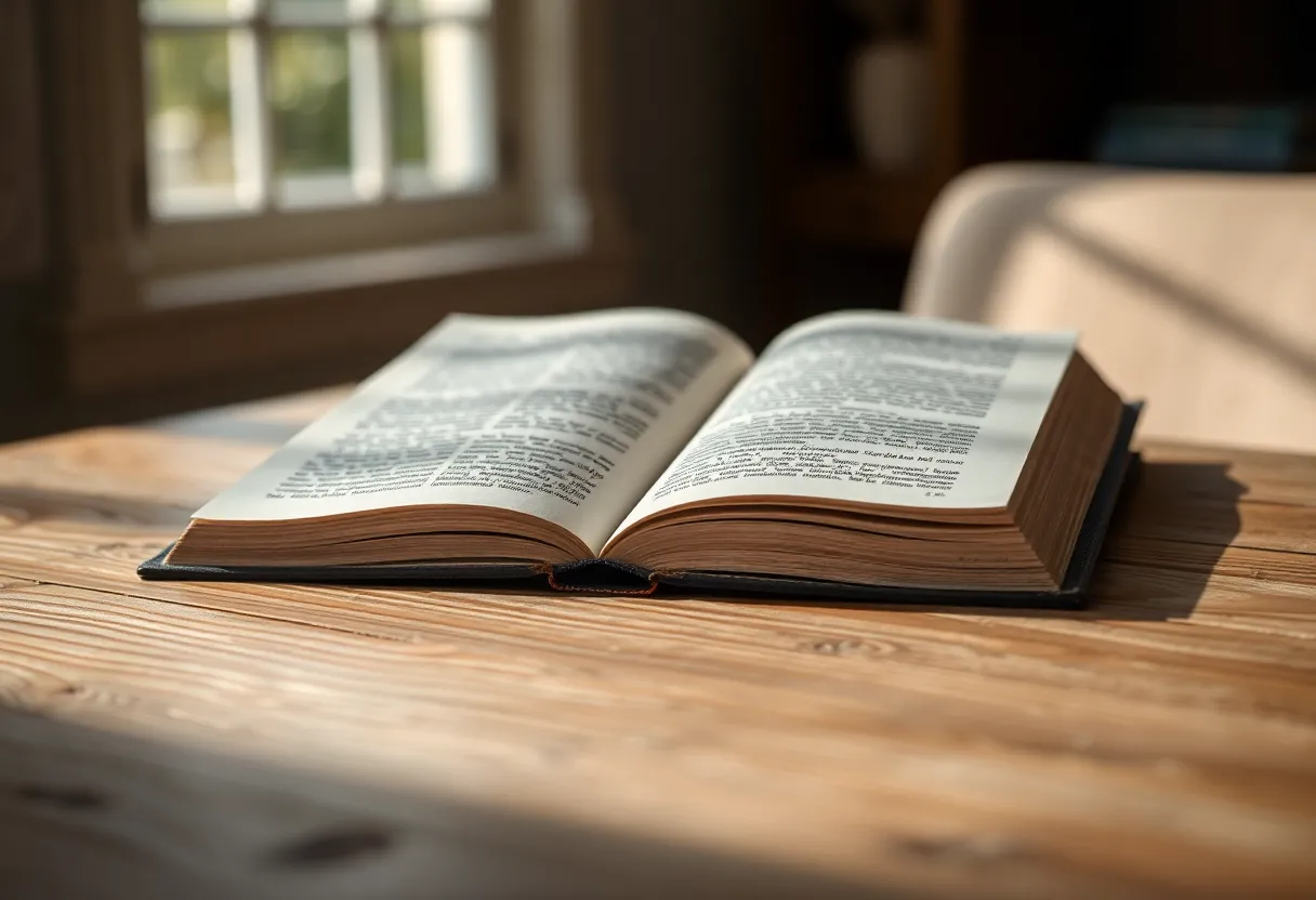 Elegant Reading Table with Vintage Elements This overhead shot captures an elegantly arranged reading table adorned with open books, vintage globes, and a feather quill. Soft, dappled sunlight filters in, casting gentle highlights on the textured papers, while warm earthy tones create a nostalgic atmosphere. The shallow depth of field beautifully emphasizes the intricate details, inviting the viewer into a world of exploration and knowledge. The symmetrical composition enhances the elegance of this scholarly setup.