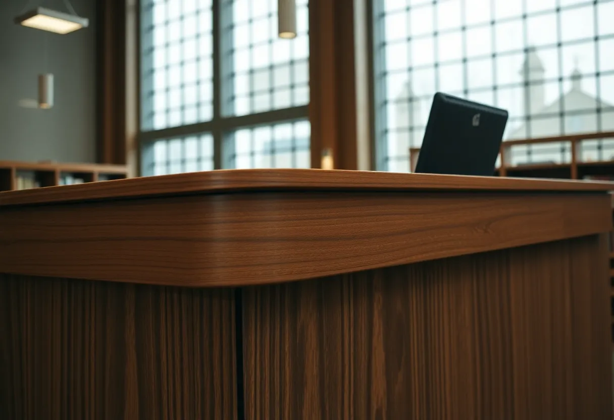 Detailed Library Checkout Counter with Brass Accents