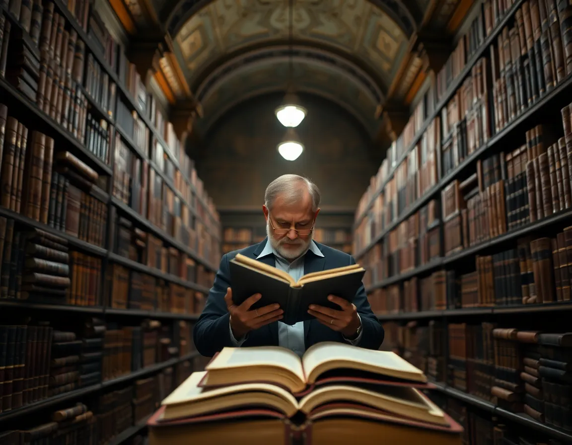 Focused Study Session in the Library This image features a young woman deeply focused on her studies inside a library. Captured with dramatic Rembrandt lighting, the warm tones and subtle shadows create an intimate atmosphere. The selective focus on her eyes and the blurred background with books and papers emphasizes her determination. The composition effectively utilizes the rule of thirds, drawing attention to her concentration.