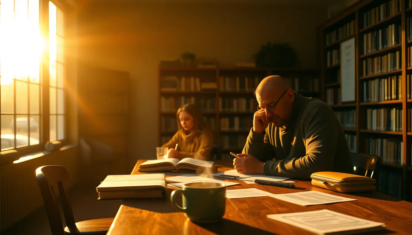 Scholar Reading in a Sunlit Library In this serene library scene, a scholar is immersed in reading, caught in the golden hour light filtering through a large window. The warm backlighting creates beautiful rim light around the subject, enhancing the tranquil atmosphere. A wooden study table scattered with notes and a steaming mug adds to the intellectual ambiance. The warm color palette complements the natural tones of the wood and highlights the depth of the library.