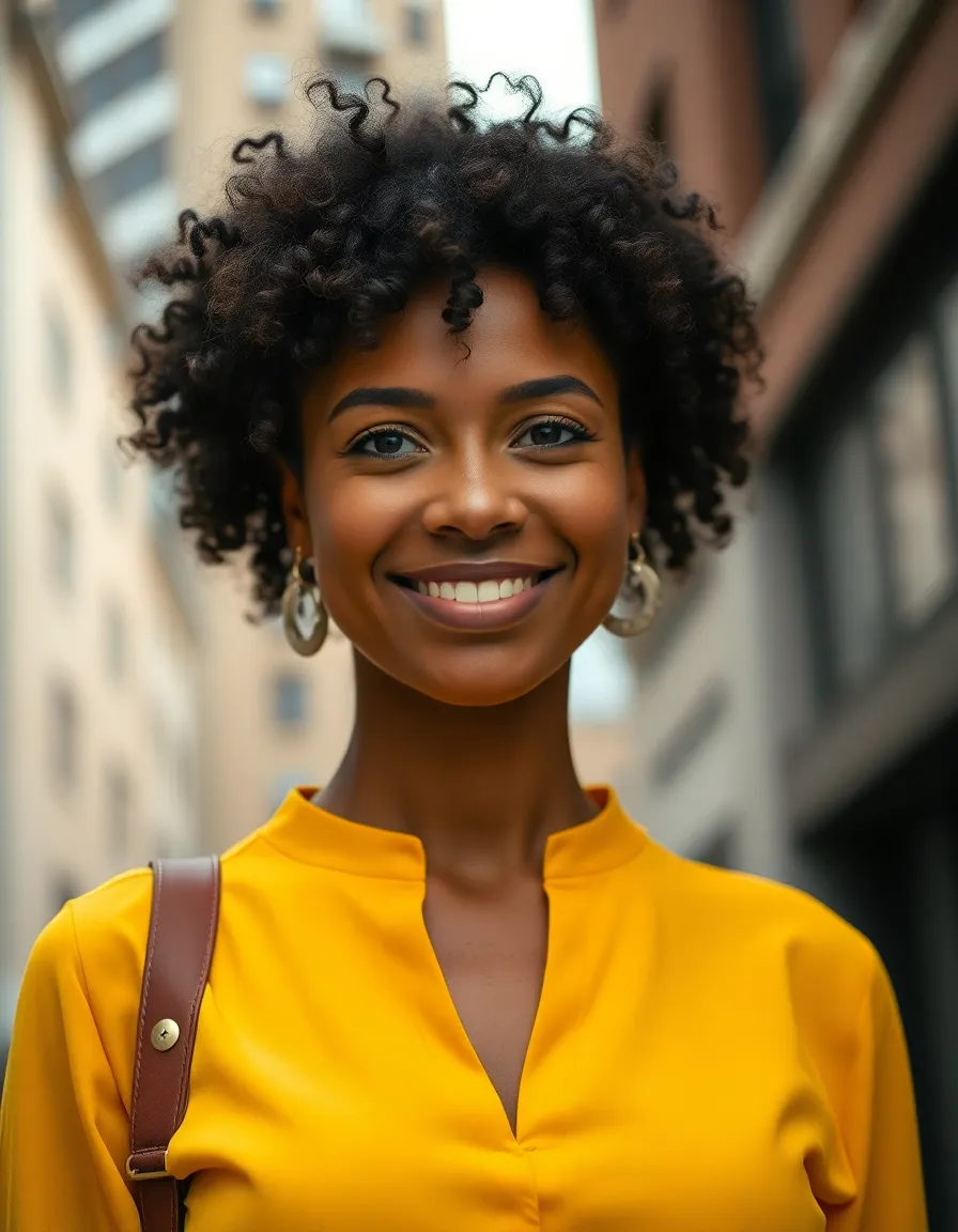 Urban Woman in Vibrant Yellow Blouse
