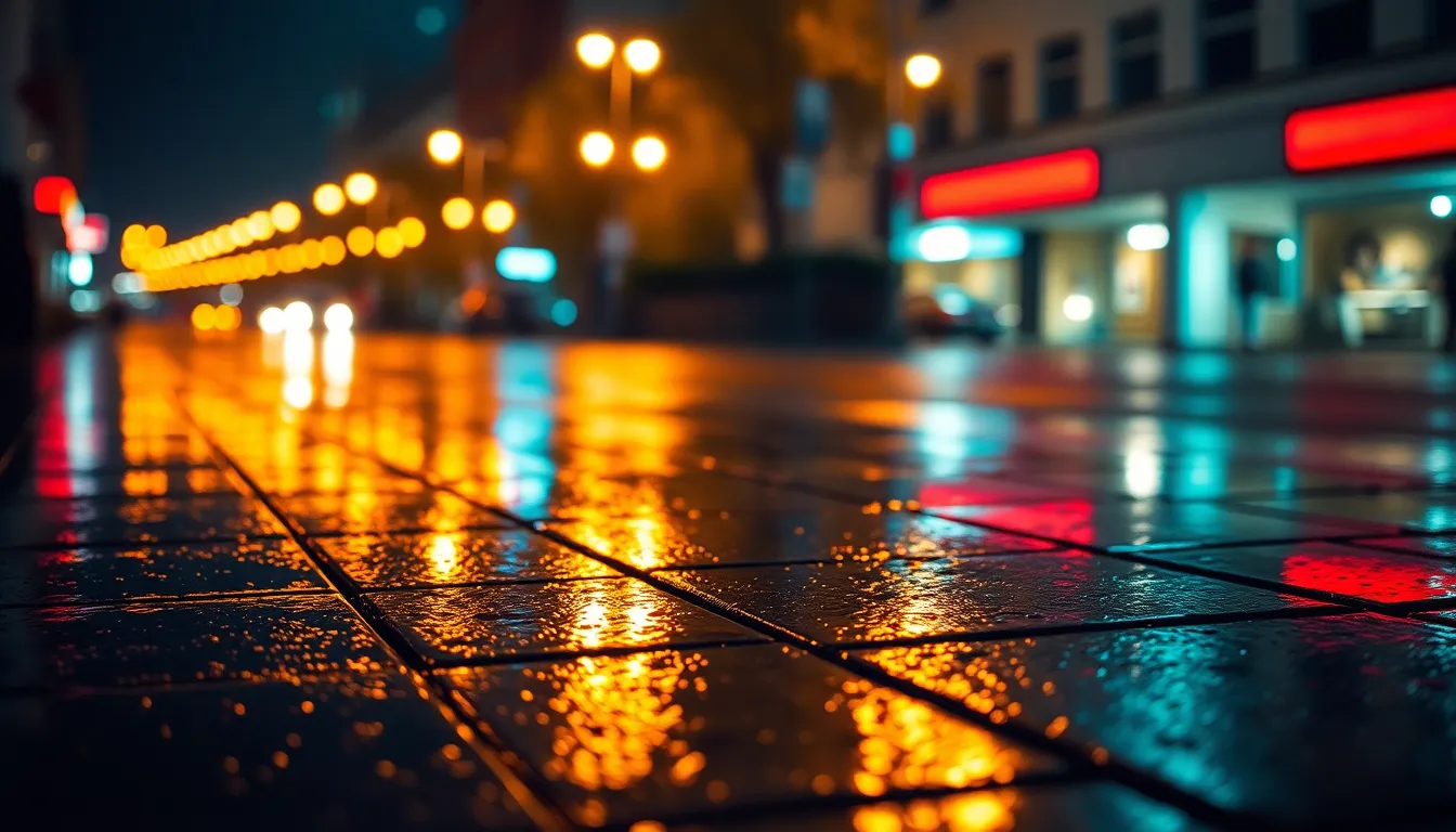 Colorful City Lights Reflected on Wet Pavement