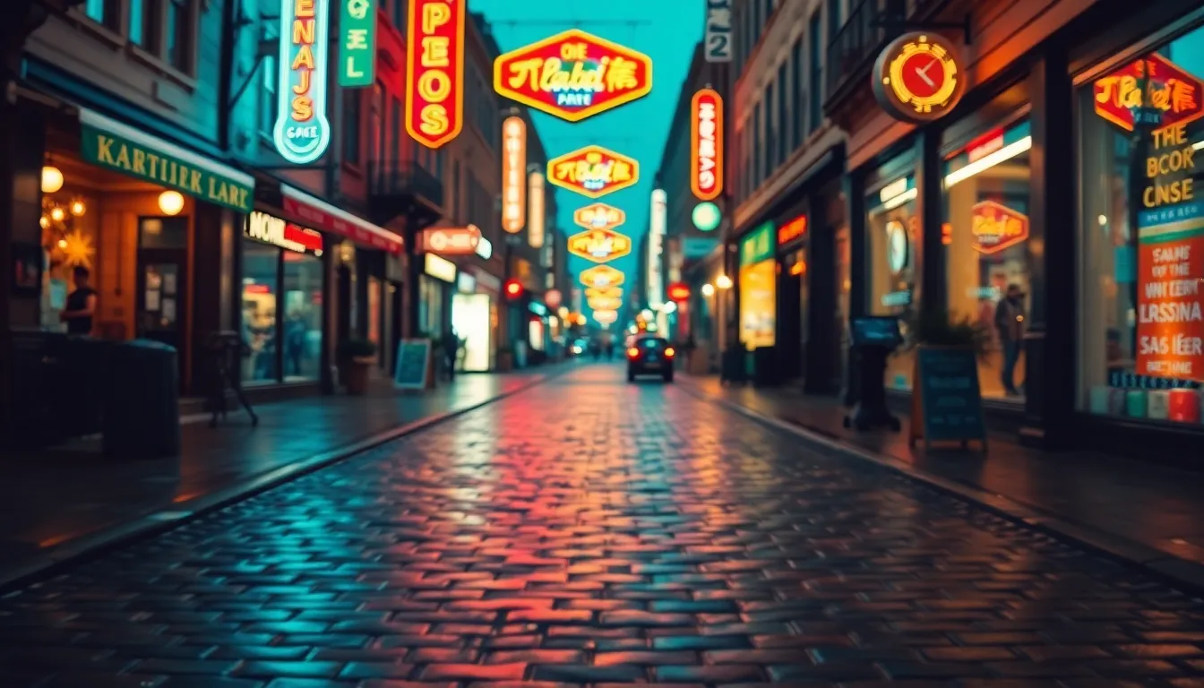Neon Reflection on Wet Cobblestones