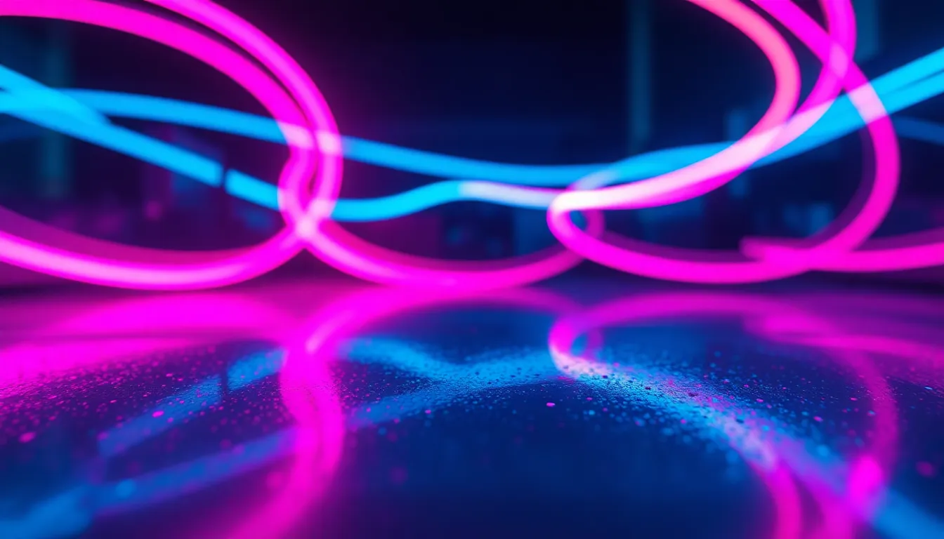 This captivating abstract image captures swirling light effects in vibrant neon colors of pink and blue, set against a reflective surface. The dynamic movement creates an entrancing visual experience, enhanced by a cinematic color grading. With a shallow depth of field, the blurred background emphasizes the vibrant hues, making the lights pop. The composition showcases leading lines that guide the viewer's gaze, contributing to the immersive quality of the scene.