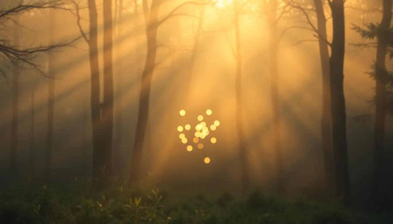 Ethereal Light Beams in Foggy Forest This enchanting image captures ethereal streaks of light piercing through a dense fog in the forest during golden hour. Soft, warm hues blend with cool grays, creating a magical atmosphere. The composition focuses on luminous orbs in the foreground while the background dissolves into a painterly blur. The texture of the fog adds depth and intrigue to the overall scene.