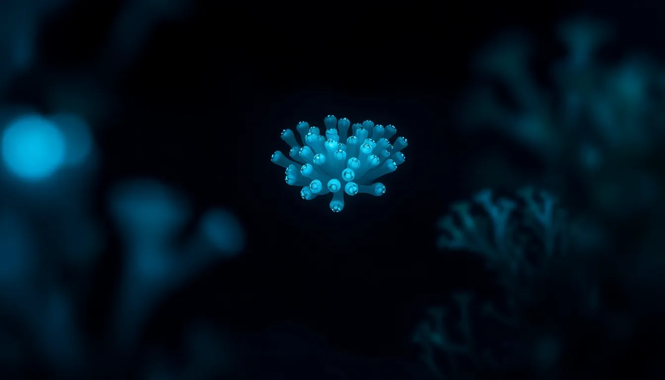 This enchanting underwater photograph captures the ethereal glow of bioluminescent creatures in a dark sea environment. The soft blue and green light emitted illuminates the surroundings, creating an otherworldly atmosphere. A shallow depth of field draws the viewer's eye to the cluster of glowing organisms, while the deep ocean colors add depth and intrigue. The composition artfully frames the luminescent cluster within the shadows of deep-sea flora, evoking a sense of underwater magic.