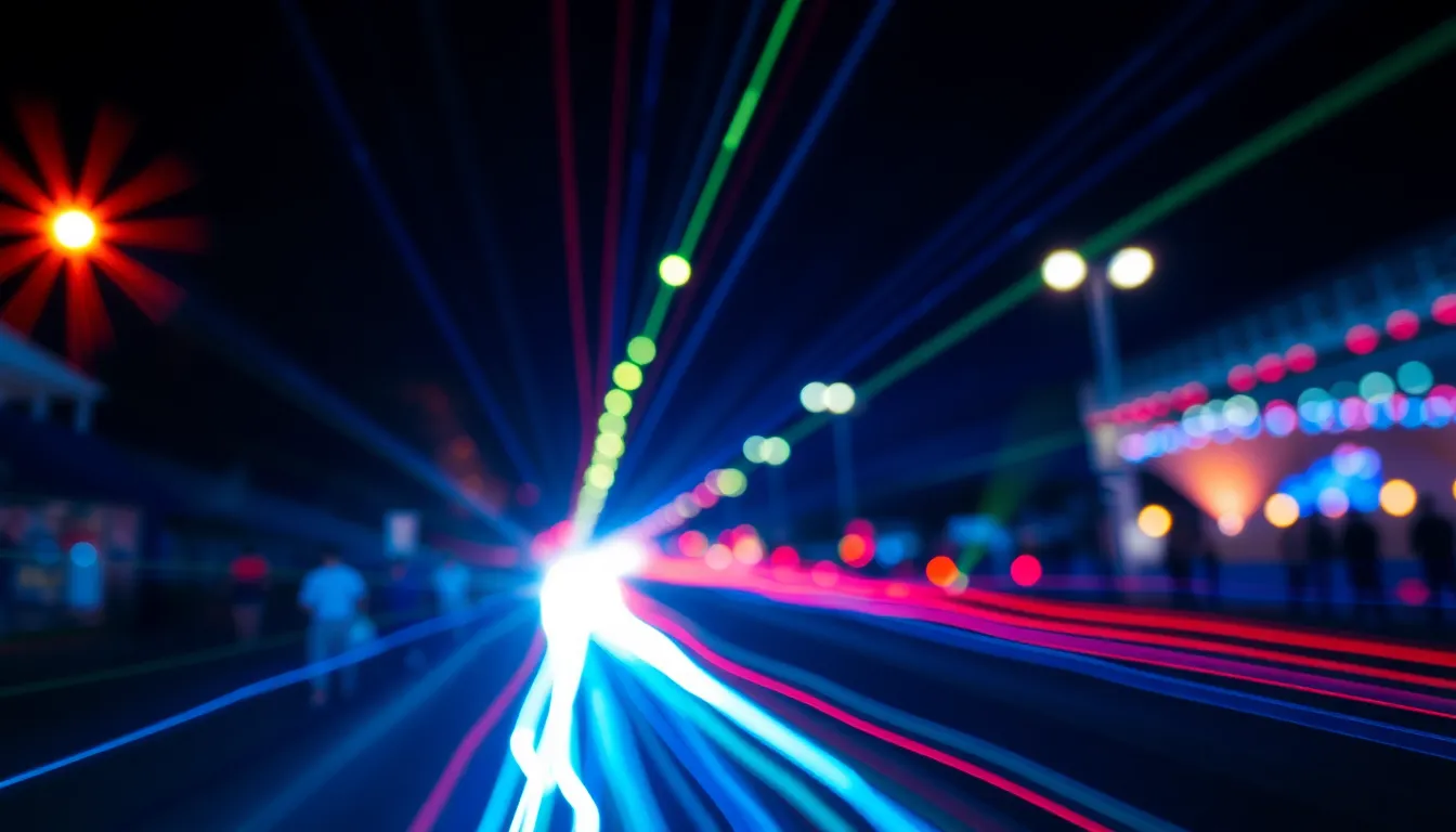 This dynamic image captures vibrant light trails created by moving LED lights at a nighttime event. The rich colors of blues, greens, and reds reflect the lively atmosphere of a festival. Utilizing hyperfocal distance, the scene remains sharply in focus, enhancing the clarity of the light trails. The composition's dynamic angle conveys a sense of movement, drawing the viewer into the exhilarating experience. Overall, this image encapsulates the excitement and energy of nighttime celebrations.