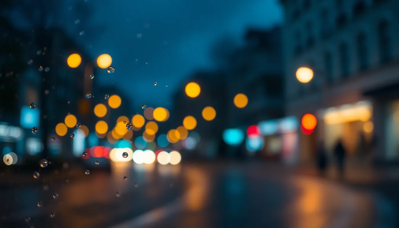 A captivating scene of city lights blurred into beautiful bokeh, captured during a rainy night. Raindrops in the foreground add a soft texture, while abstract circles of light form a mesmerizing backdrop. The curving street leads the viewer's eye into the scene, enhancing the depth and complexity of the composition. The warm yellows and deep blues create a dramatic atmosphere, evoking a sense of elegance and urban charm in this abstract representation of light effects.
