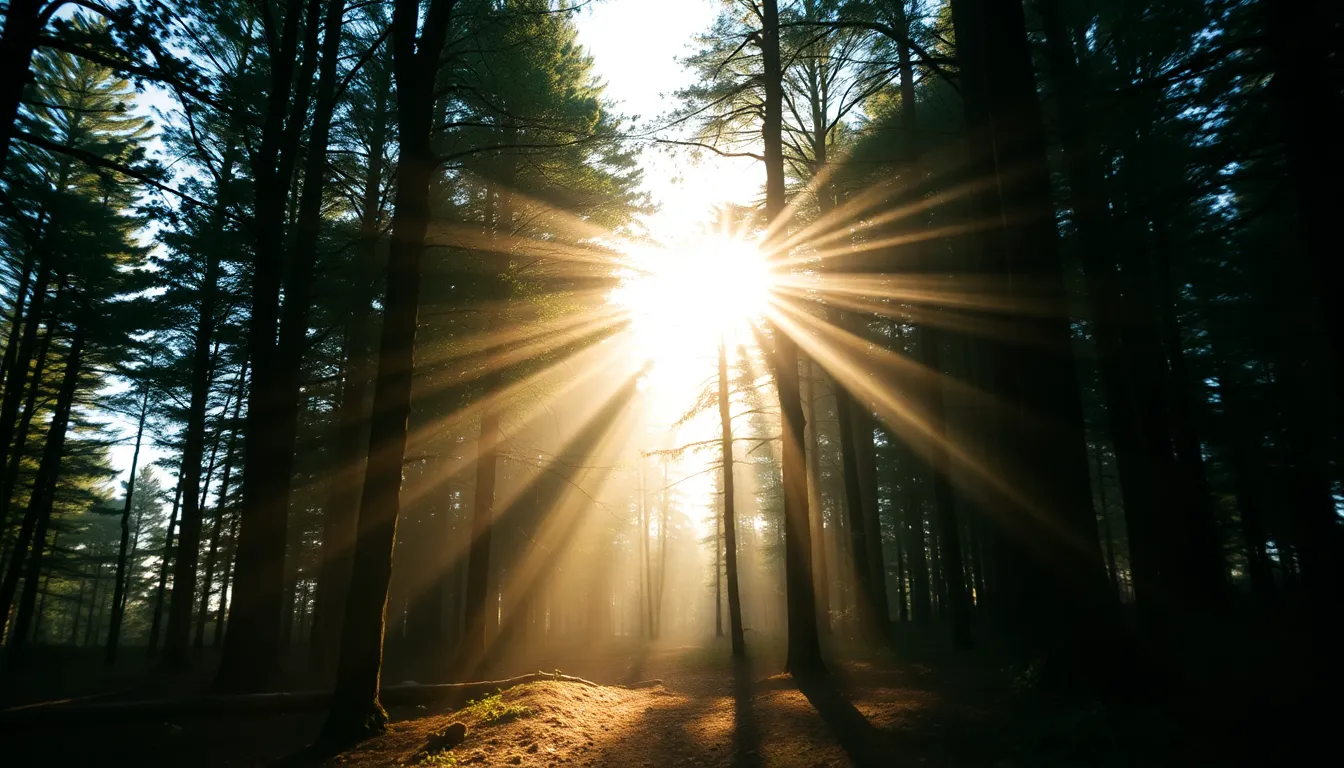 Ethereal Light Beams in Forest at Sunrise