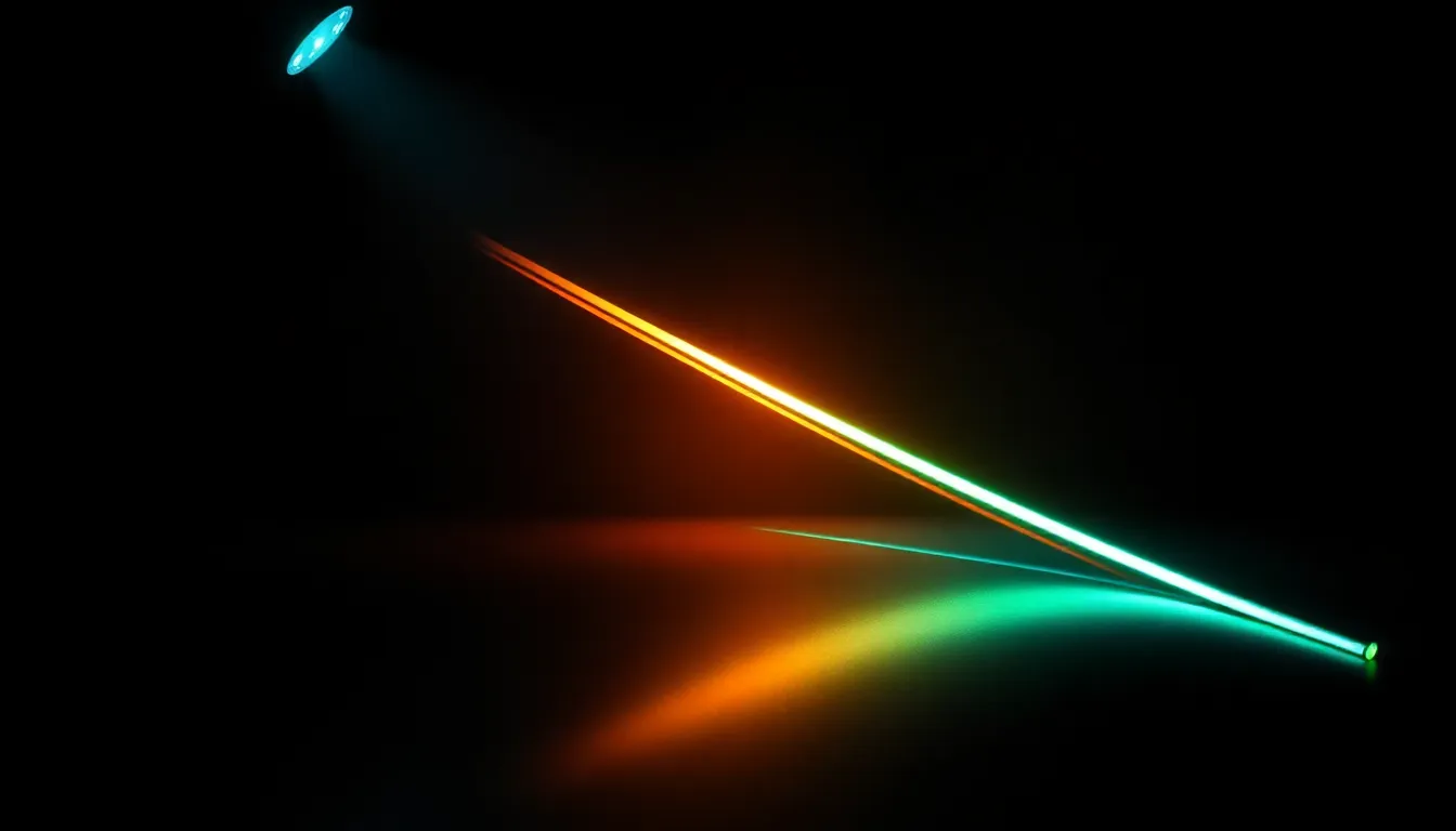 Dynamic Light Streaks from Prisms This captivating image showcases vibrant light streaks created by moving prisms in a dark studio, where dramatic spotlighting enhances the colors. The dynamic interplay of teal and orange tones contrasts beautifully against the deep shadows. A shallow depth of field provides a dreamy quality, focusing the viewer's attention on the vibrant streaks of light. The sleek black surface reflects the colors, adding depth and intrigue to the composition.